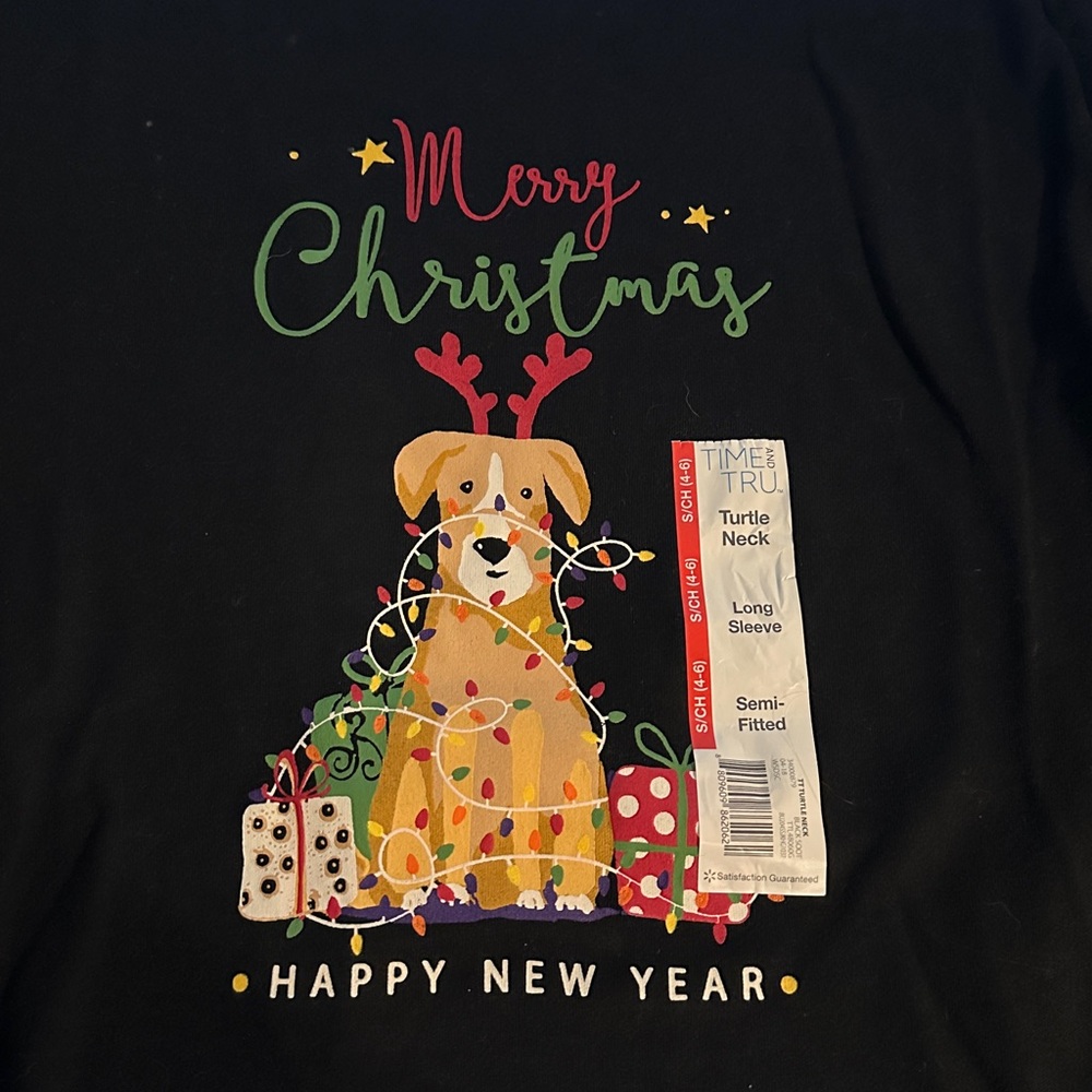 NWT Time & Tru Black Long Sleeve Holiday New Year Turtleneck with Dog